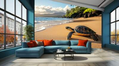 A turtle slowly making its way across a sandy beach. Wall mural