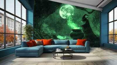 A witch brewing a glowing green potion in a cauldron under the full moon, surrounded by ancient trees. Wall mural