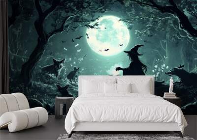 A witch brewing a potion in a moonlit forest, with enchanted animals watching from the shadows. Wall mural