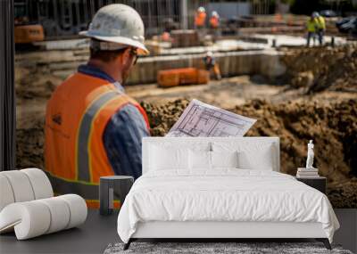 An architect reviewing blueprints at a construction site with workers building the foundation. Wall mural