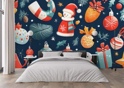 An illustration of various holiday symbols with festive colors and playful designs. Wall mural