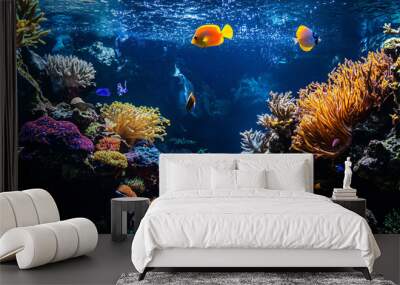 Fish swimming peacefully in a large tank with vibrant coral. Wall mural