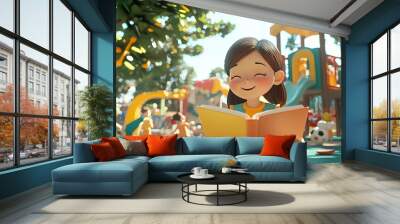 A young girl sits on a playground and reads a book while other children play around her. Wall mural