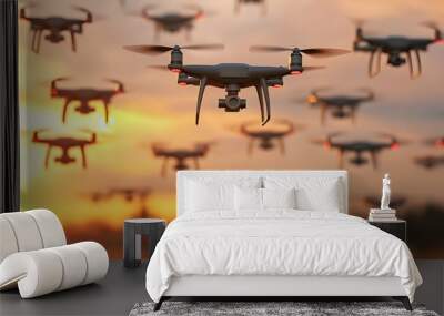 Drone Swarm Flying at Sunset Wall mural