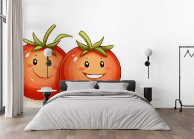 Two cartoon tomatoes with cheerful faces, showcasing a playful and friendly vibe in a bright, minimalistic design. Wall mural