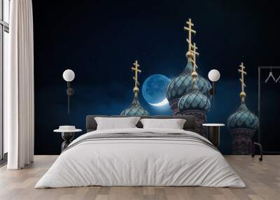 The golden domes of the orthodox church in night and moon Wall mural