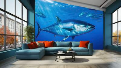 a big fish in the ocean with many other fish swimming around and one is looking at the camera as it swims away Wall mural