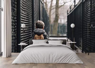 a little boy with a backpack walking down the street in front of a row of black metal fences on a cold winter day Wall mural