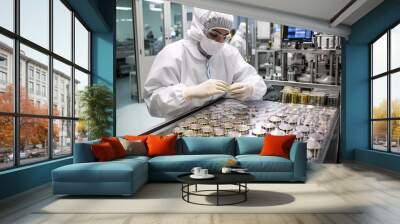 a man working in a factory with lots of gold coins on the conveyord behind him, he is wearing a white coat Wall mural