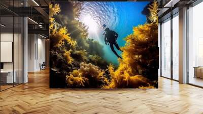 a person scubaing in the ocean surrounded by seaweeds and other aquatic plants, taken from underwater camera Wall mural