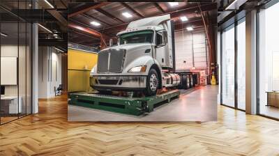 a semi truck parked on a trailer in a garage. Generative Ai Wall mural