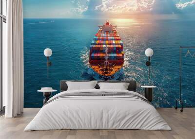 Aerial view of a vibrant container ship at sea Wall mural