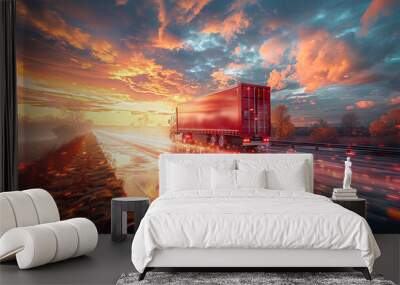 American truck cruising down highway at sunset Wall mural