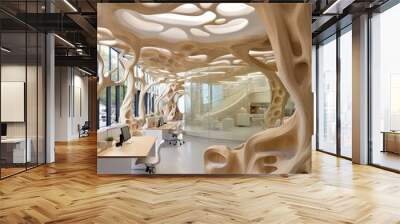 an office with wooden furniture and large wood sculptures on the ceiling, as well as it is in this image Wall mural