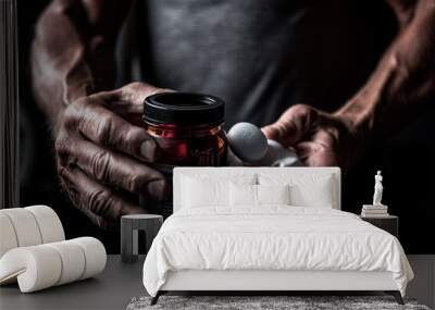 an older man holding a bottle of pills in one hand and two white pills in the other, on a dark background. Generative Ai Wall mural