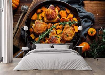 chicken thighs with roasted pumpkins and rosemary in a cast iron skill pan on a dark wooden table, surrounded by fresh thylings Wall mural