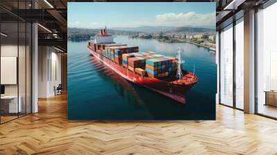 Container ship navigating tranquil blue waters Wall mural