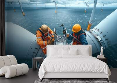 Engineers service offshore wind turbine Wall mural