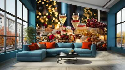 food and wine on a table with christmas lights in the background, as well for an event or holiday dinner Wall mural