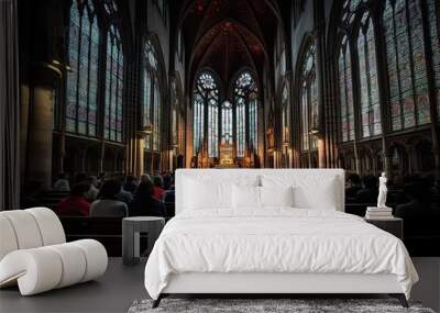 Inside of a church with many people sitting in pew chairs and looking out at the view from the altar. Powerful Image of Congregation Attending Mass in Latin American Cathedral - Generative AI Wall mural