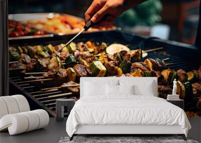 some food being cooked on a grilling pan with tongs in it's hand and someone is about to eat the meat Wall mural