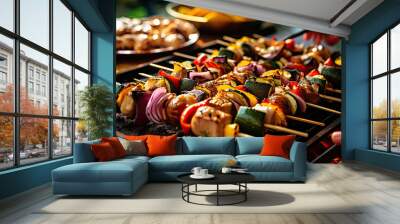 some food being served on a grilling pan with people in the background and one person taking a piece of meat Wall mural