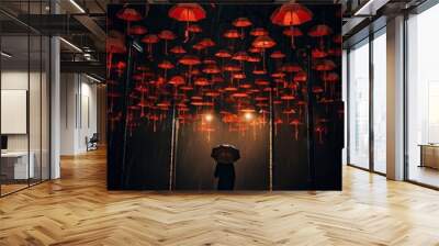 someone standing in the rain holding an umbrella and looking up at red umbrellas that are hanging from above them Wall mural