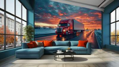 Sunset drive on U.S. highway logistics Wall mural