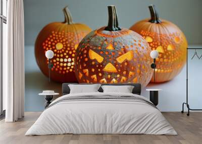 Three creative jack-o'-lanterns with glow Wall mural