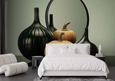 three vases and two pumpkins on a black table with a mirror in the middle one has a reflection Wall mural