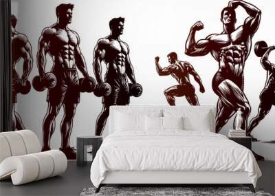 Gym bodybuilder Set Engraving Pen and Ink Vector Illustration
 Wall mural