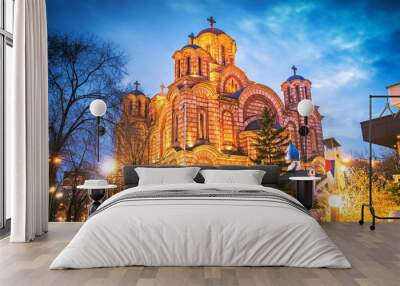 Saint Mark church at night in Belgrade, Serbia Wall mural