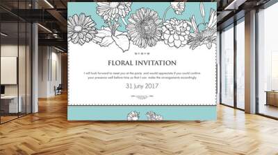 Floral horizontal invitation card. Vector illustration of bloomi Wall mural