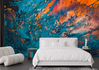 Abstract art texture background. Red sunset sky design. Beautiful blue and orange paint mixture splash. Wall mural