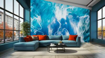 Acrylic ink water. Sea foam. Cyan blue ocean wave with white bubbles effect. Color gradient paint splash design. Smeared streak abstract pattern. Marble texture art background. Wall mural