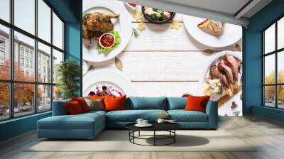 appetizing frame of restaurant meals flat lay. top view on assortment of meat and fish dishes, free  Wall mural