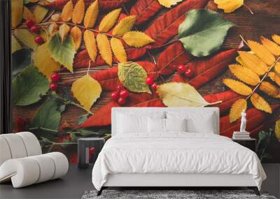 Autumn foliage. Collection of colorful fall leaves, red berries and flowers on brown wooden background. Wall mural