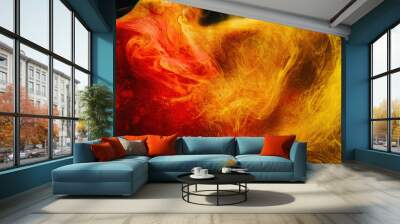 Color smoke. Ink water. Paint drop. Hot blend. Red yellow contrast fluid splash mix burning vapor cloud on black abstract art background. Wall mural