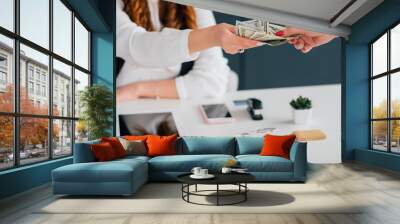 Do business online, get cash salary. Female extending dollar bills. Making money on internet. Income, payment, funds. Wall mural