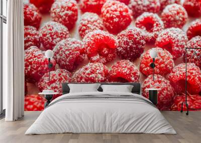 Fruit background. Fresh summer berries. Juicy crimson red raspberries powdered with icing sugar. Wall mural