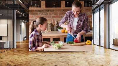 healthy family eating lifestyle. mom and daughter preparing vegetable salad. Wall mural