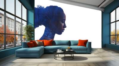 Meditation peace. Breathing therapy. Spiritual healing. Double exposure profile portrait of tranquil woman face with blue mist isolated on white copy space background. Wall mural