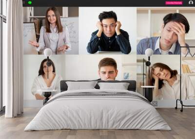 Remote learning. Video lesson. Online education. Distance communication. Exhausted bored diverse multiethnic group of students sleeping listening to female teacher at digital class on screen. Wall mural