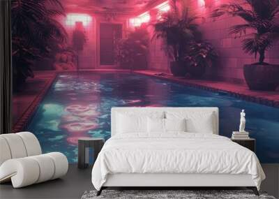 Neon Lit Indoor Pool at Night Wall mural