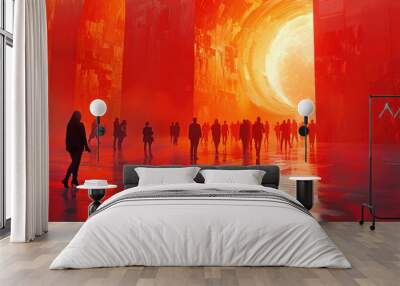 Silhouettes walking towards a bright light Wall mural