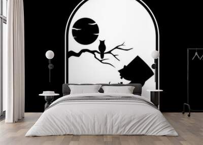 A silhouette of a man with a hat and a bird in a window Wall mural