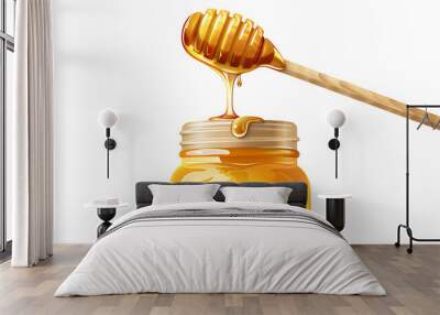  honey jar with a wooden dipper and honey drizzling, isolated on a white background  Wall mural