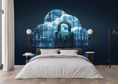 Cloud security concept with a digital lock and cloud icons, symbolizing data protection in cloud computing Wall mural