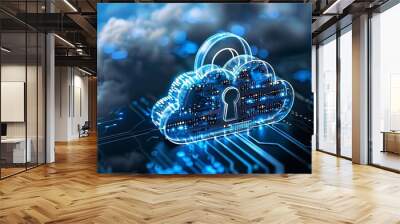 Cloud security concept with a digital lock and cloud icons, symbolizing data protection in cloud computing Wall mural