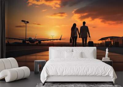 couple walking to a plane, couple at the airport with sunset in the background Wall mural